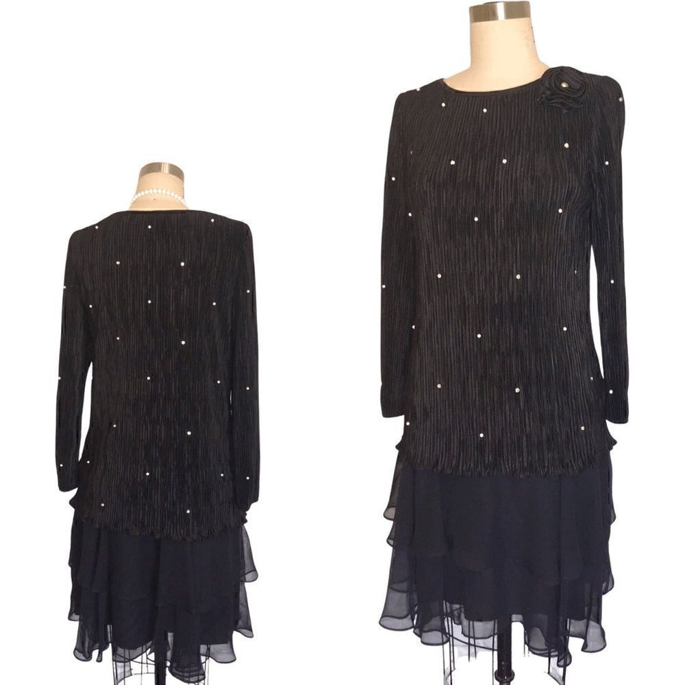 Elegant 80s Black Pearl Beaded Drop Waist Dress by After Dark